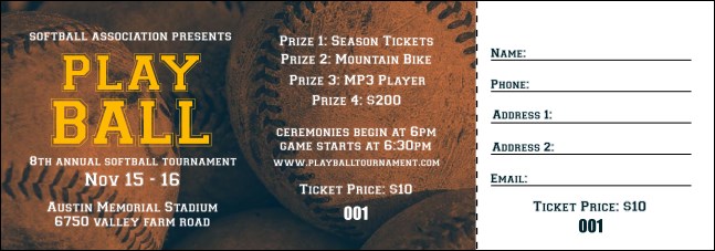 Softball Brown Raffle Ticket Product Front