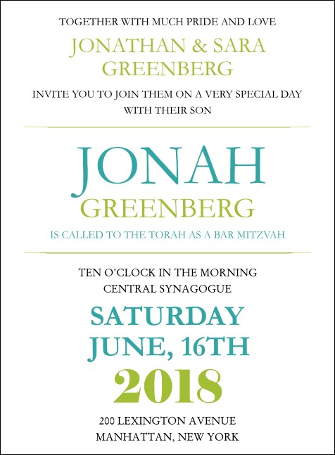 Bar Mitzvah Green and White Invitation Product Front